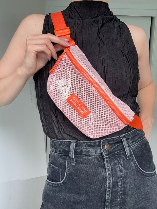 Megababe Handbags - Olive You Megababe Pink Mesh Bag Neon Orange Adjustable Crossbody Fanny Pack